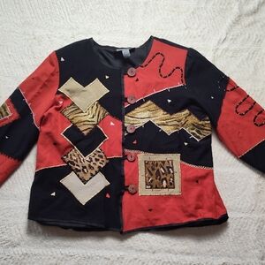Indigo Moon Women's Blazer Size Extra Large Patchwork Red Black Large Buttons